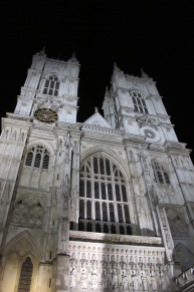 Westminster Abbey at night.